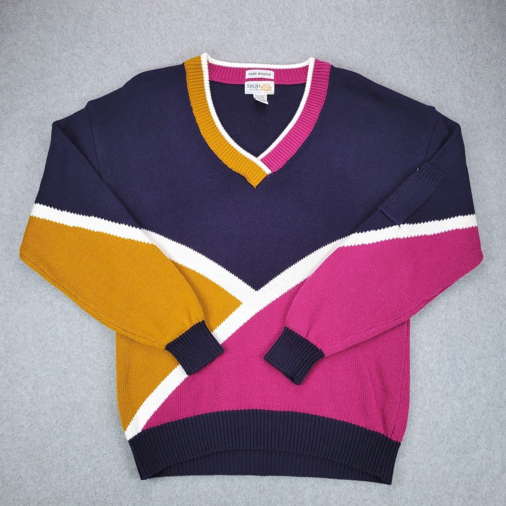 Izod Club Sweater Womens L Blue Colorblock Vintage Hand Intarsia V-Neck Pocket